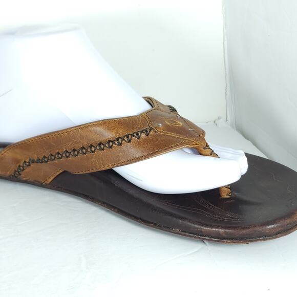 Olukai Men\'s Mea Ola US12 Brown Leather Embroidered Slip On Flat Thong Sandals main image 11